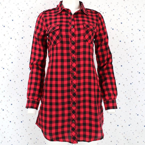 Plaid Shirt Dress with Belt Red Black - Picture 2 of 10